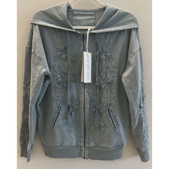 CAITE NYLA HOODIE EMBROIDERED BLUE 100% COTTON KNIT KYLA KARYN SEO SMALL NWT - Picture 1 of 9